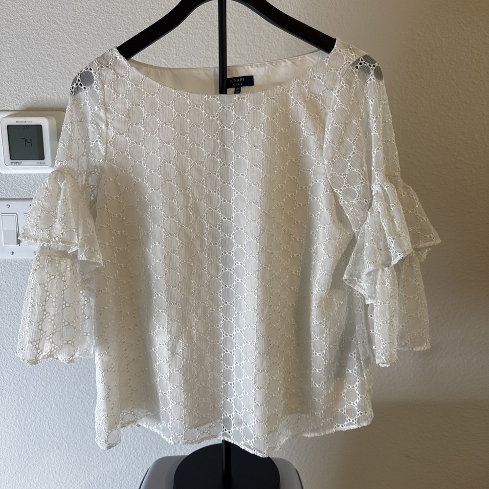Kaari Women's Ruffled Bell Sleeve Blouse Lined Embroidered Detail Size M